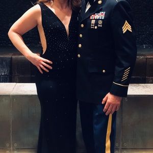 Jovani Jersey low plunge and side mesh cutouts